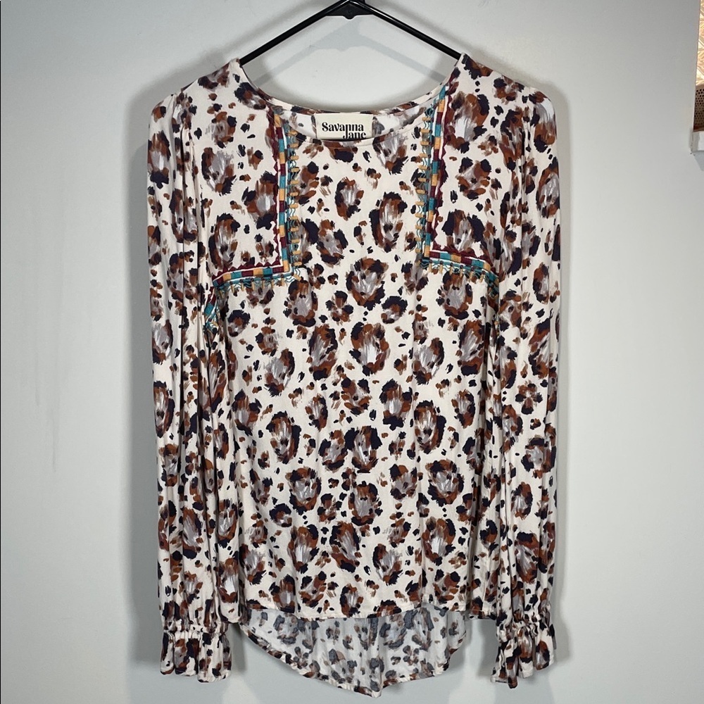 Savanna Jane Leopard Embroidered Boho Rayon Blouse M - Picture 2 of 10